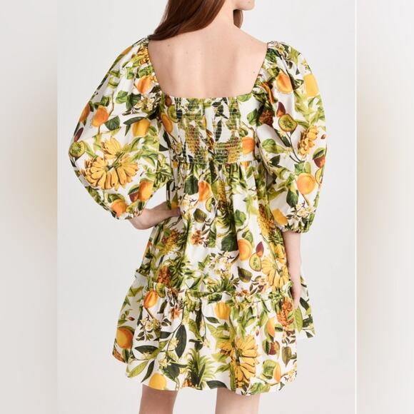 Cara Cara Sip Sip Banana Fruit Print Puff Sleeve Babydoll Cotton Dress Sz XS - Picture 2 of 12